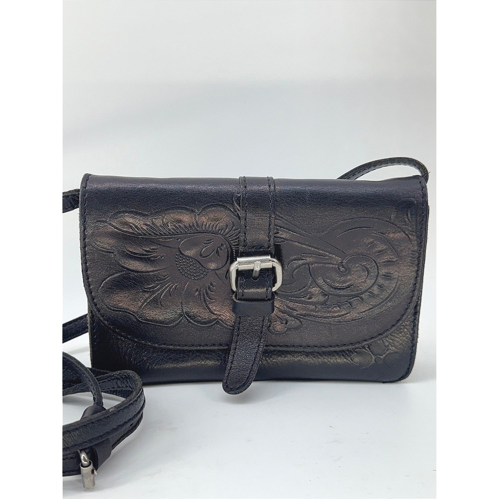 Patricia Nash Torri Black Tooled Leather Crossbody Bag Floral Embossed Boho West